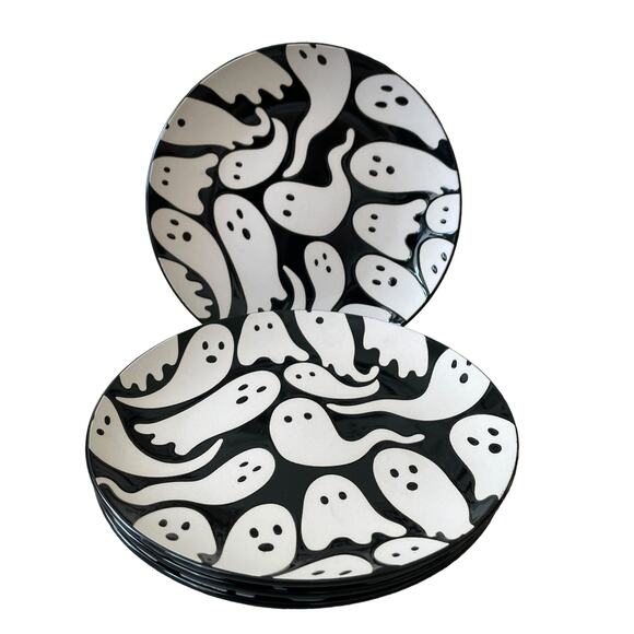 ELUM HOME Spooky Halloween Ghost Appetizer Plates Set of 4 Black & Cream NIB - Picture 13 of 13